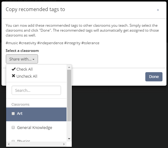 Copy recommended tags to any of your classroom(s)