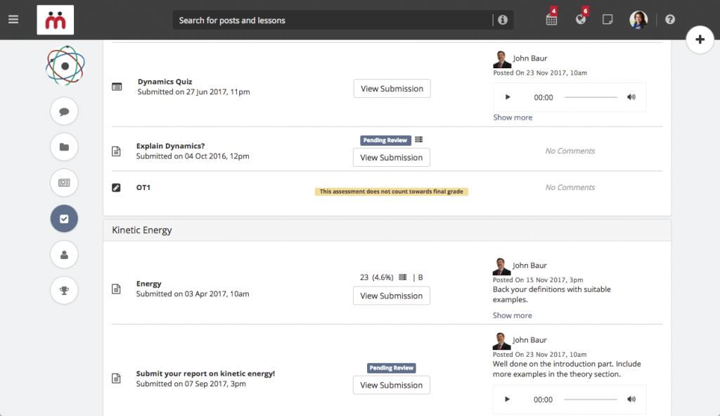 Learners gradebook view after Teamie Mint